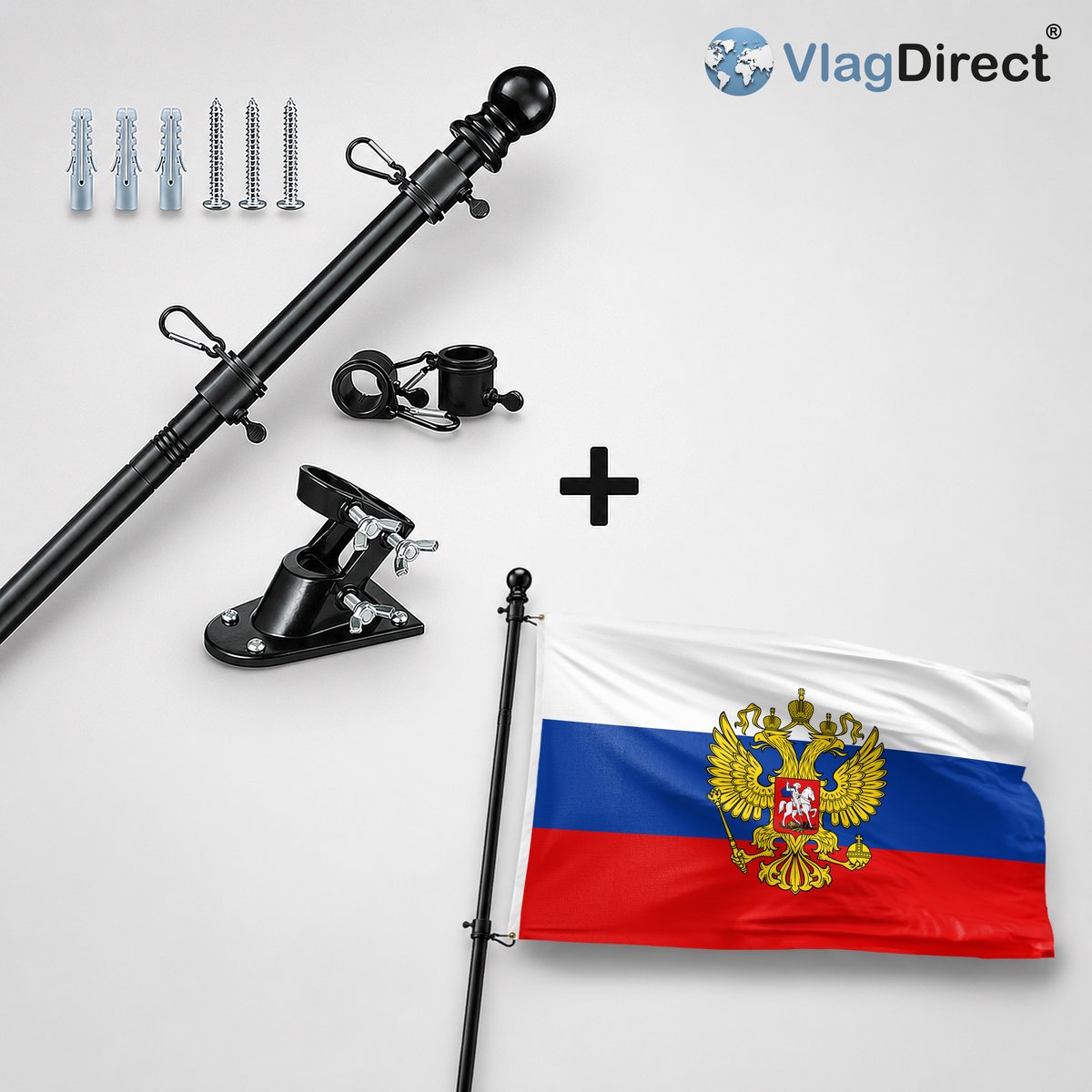 VlagDirect - Compleet vlaggenpakket - Zwarte vlaggenstok inclusief vlaggenstokhouder + Russische vlag met wapen - Rusland vlag met wapen - 90 x 150 cm.