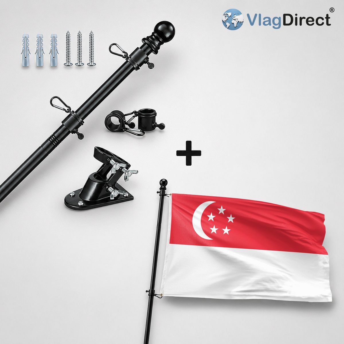 VlagDirect - Compleet vlaggenpakket - Zwarte vlaggenstok inclusief vlaggenstokhouder + Singaporese vlag - Singapore vlag - 90 x 150 cm.