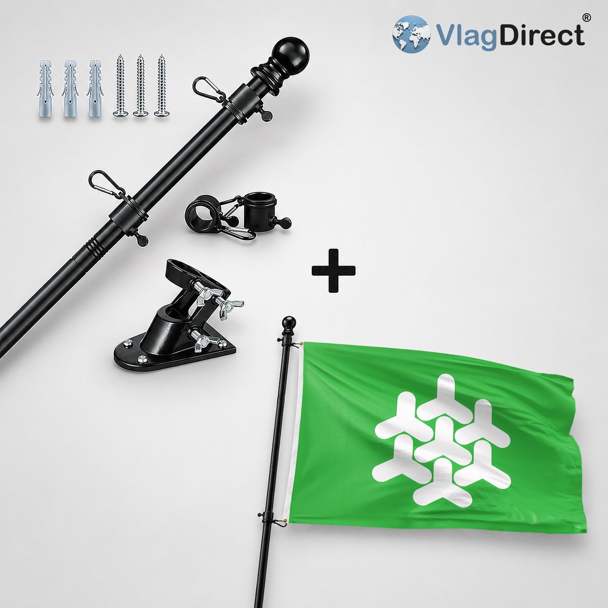 VlagDirect - Compleet vlaggenpakket - Zwarte vlaggenstok inclusief vlaggenstokhouder + Dronten vlag - Gemeente Dronten vlag - 90 x 150 cm.