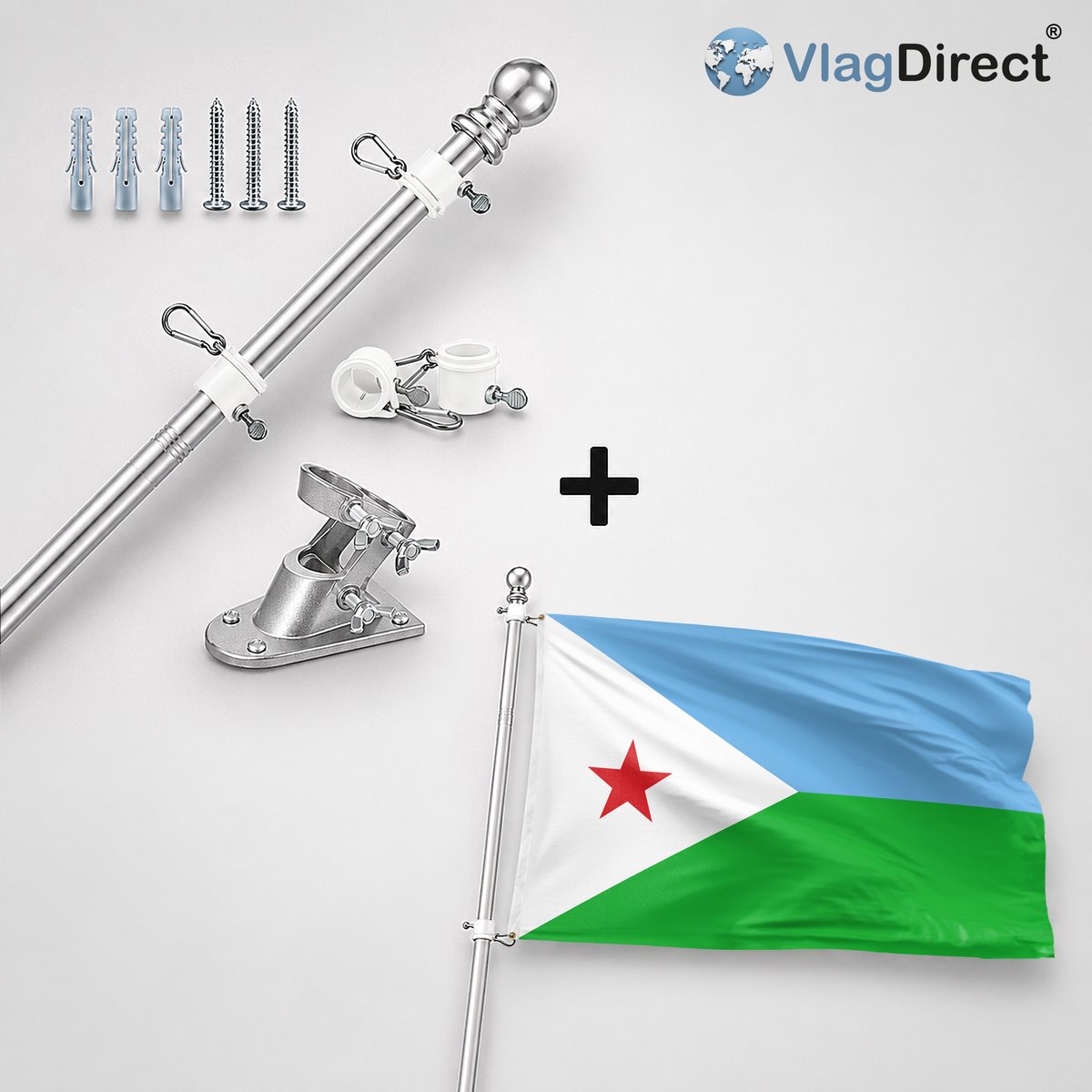 VlagDirect - Compleet vlaggenpakket - Zilveren vlaggenstok inclusief vlaggenstokhouder + Djiboutiaanse vlag - Djibouti vlag - 90 x 150 cm.