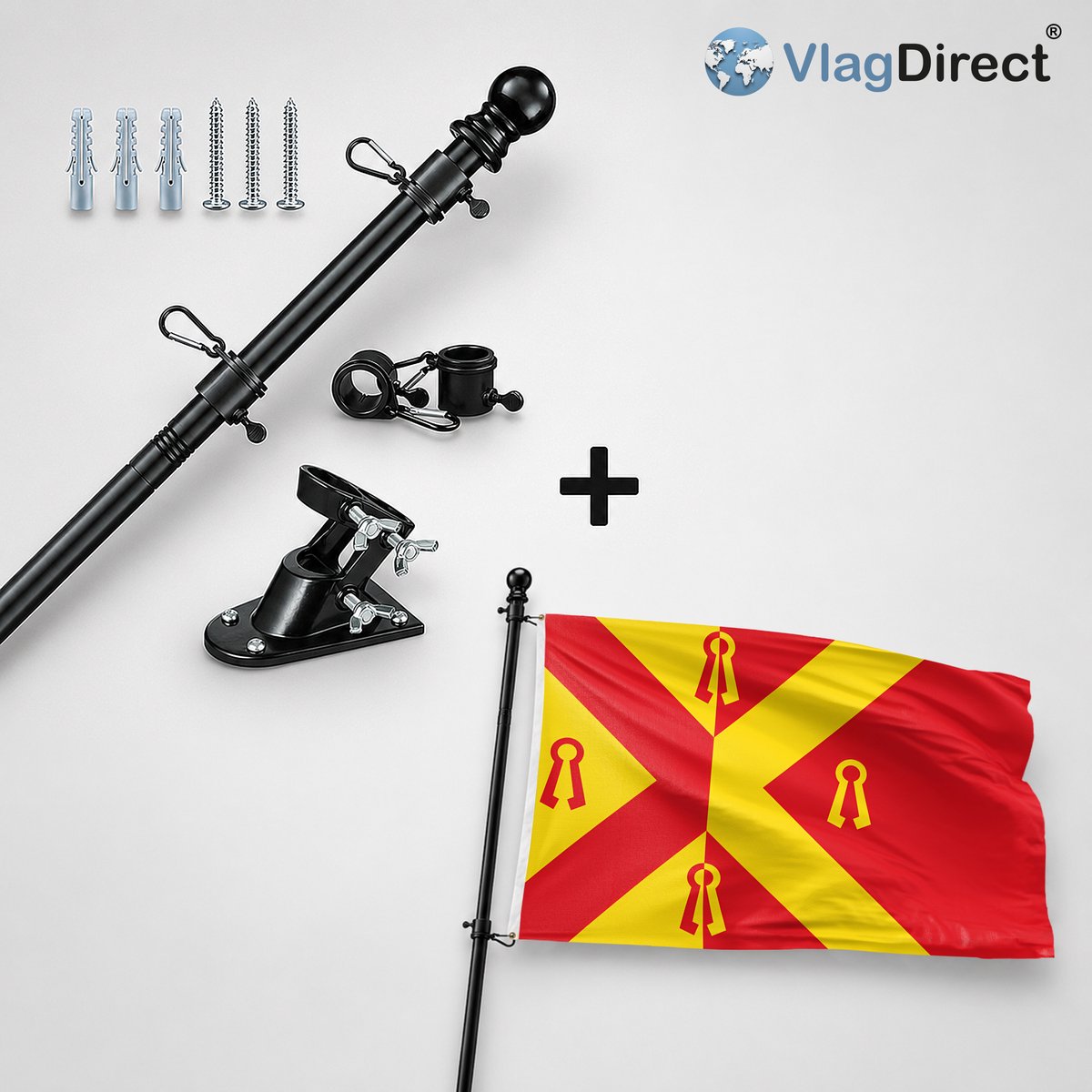 VlagDirect - Compleet vlaggenpakket - Zwarte vlaggenstok inclusief vlaggenstokhouder + Gennep vlag - Gemeente Gennep vlag - 90 x 150 cm.