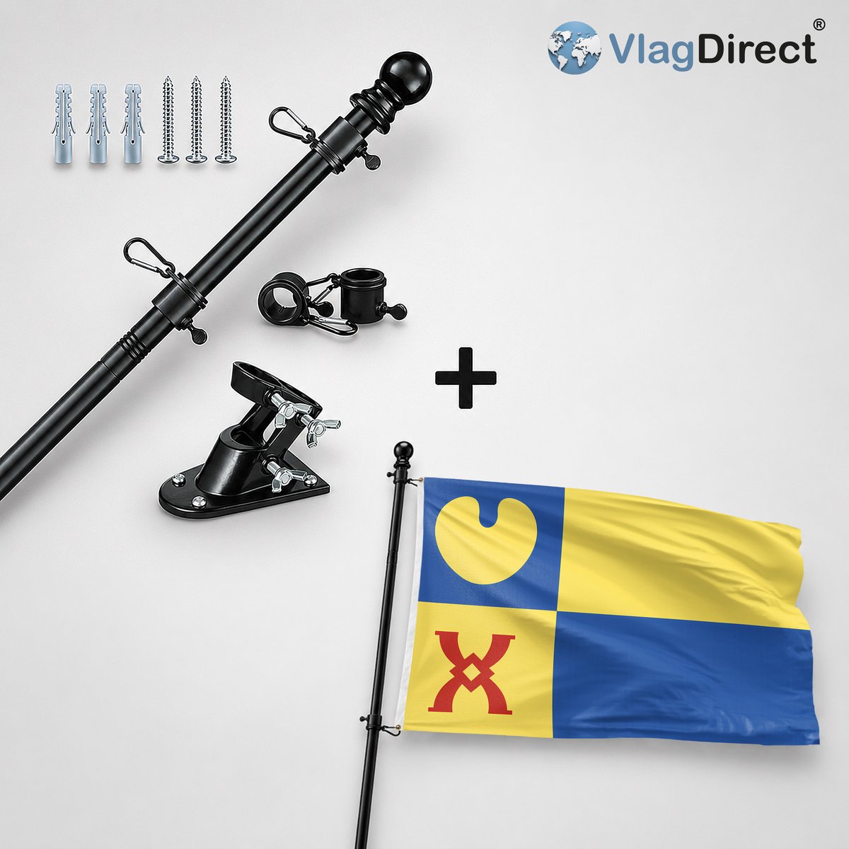 VlagDirect - Compleet vlaggenpakket - Zwarte vlaggenstok inclusief vlaggenstokhouder + Geldrop-Mierlo vlag - Gemeente Geldrop-Mierlo vlag - 90 x 150 cm.