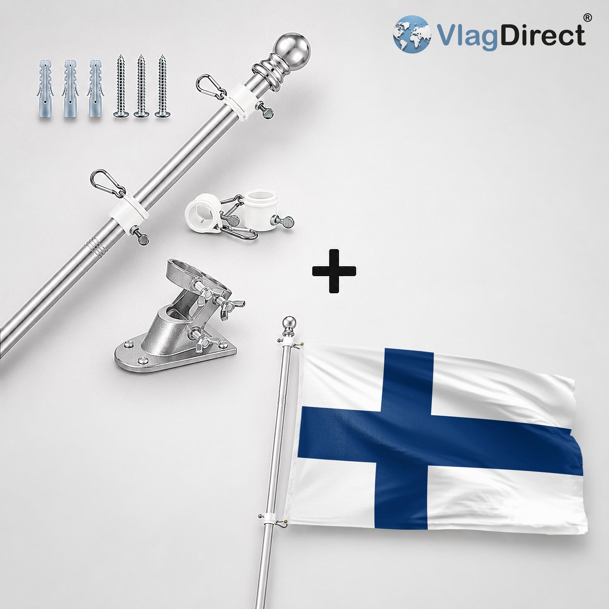 VlagDirect - Compleet vlaggenpakket - Zilveren vlaggenstok inclusief vlaggenstokhouder + Finse vlag - Finland vlag - 90 x 150 cm.