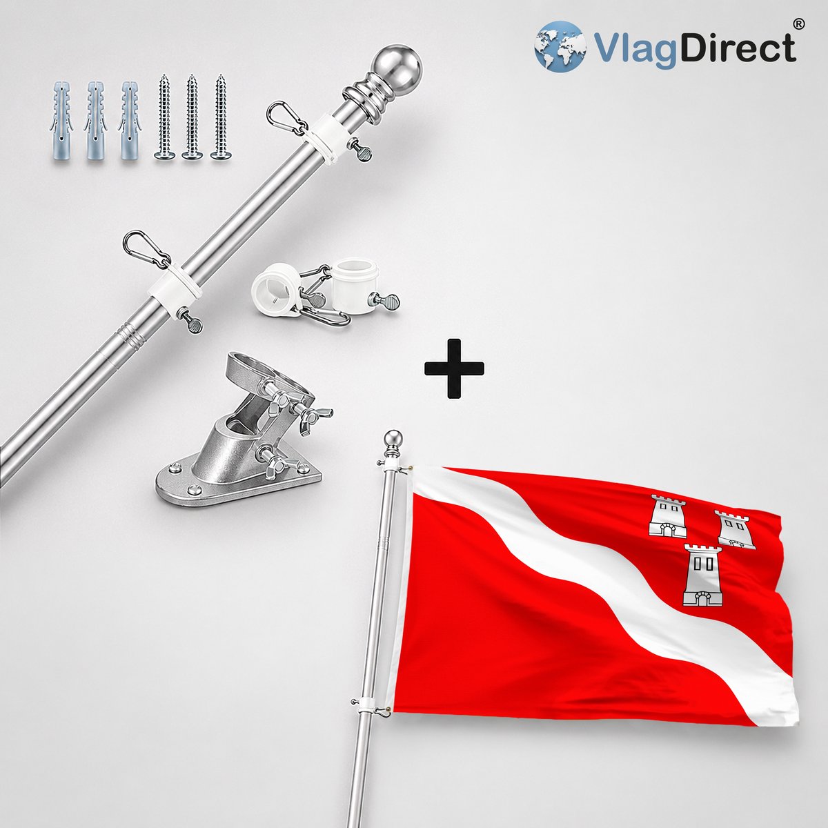 VlagDirect - Compleet vlaggenpakket - Zilveren vlaggenstok inclusief vlaggenstokhouder + Gemeente Clavier vlag - 90 x 150 cm.