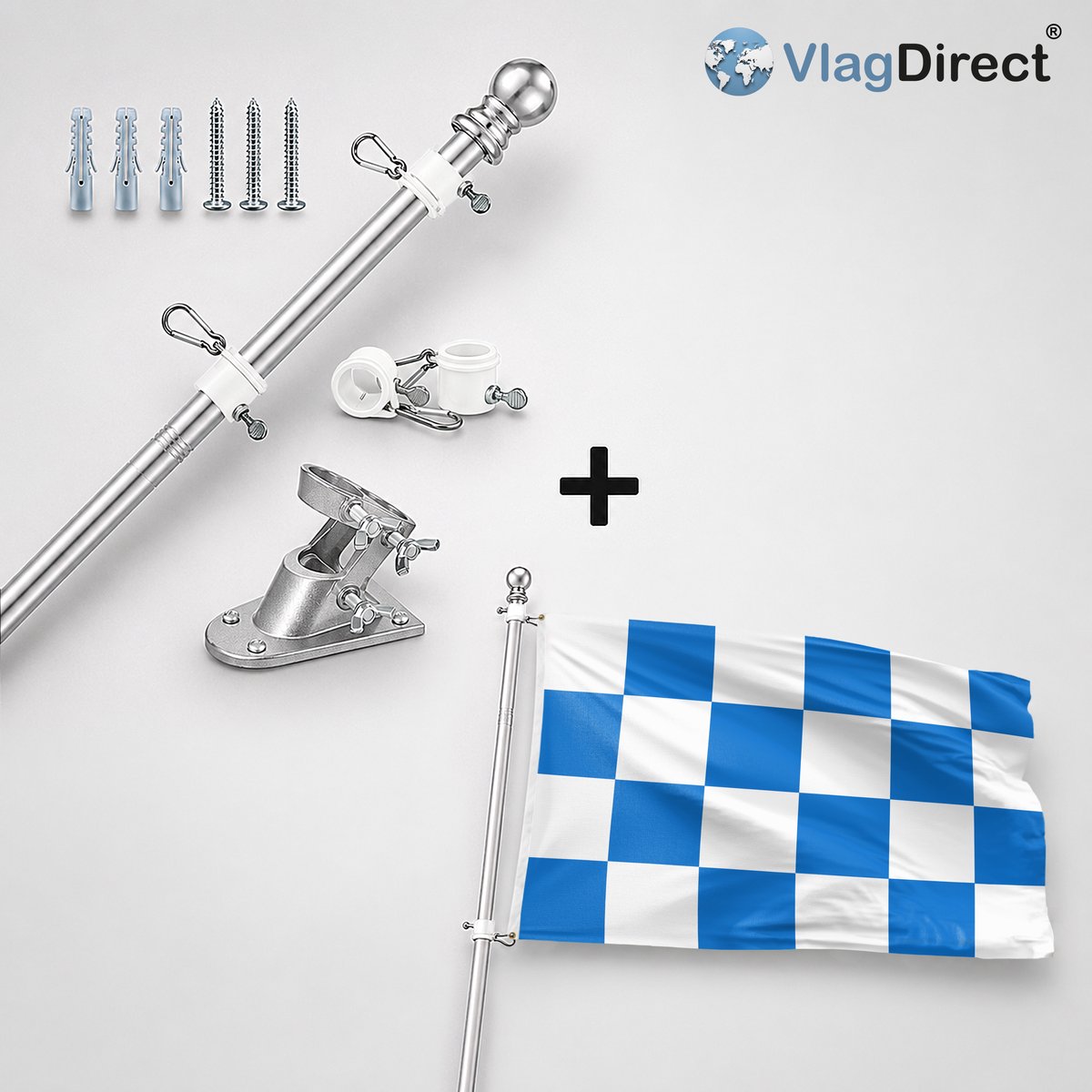 VlagDirect - Compleet vlaggenpakket - Zilveren vlaggenstok inclusief vlaggenstokhouder + Dalfsen vlag - Gemeente Dalfsen vlag - 90 x 150 cm.