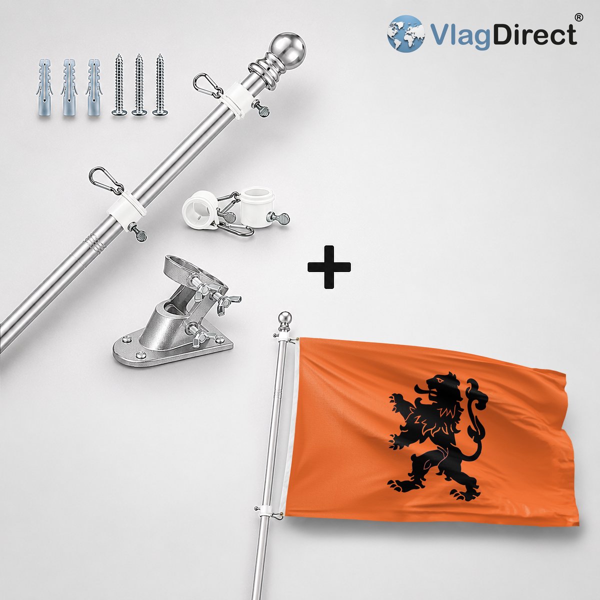 VlagDirect - Compleet vlaggenpakket - Zilveren vlaggenstok inclusief vlaggenstokhouder + Oranje Leeuw vlag - Oranje vlag - Oranje voetbal vlag - Nederlands Elftal vlag - Hollandse leeuw vlag - 150 x 225 cm - XL vlag.