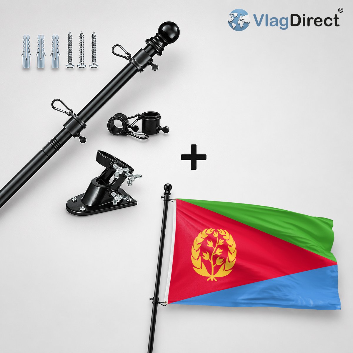 VlagDirect - Compleet vlaggenpakket - Zwarte vlaggenstok inclusief vlaggenstokhouder + Eritrese vlag - Eritrea vlag - 90 x 150 cm.