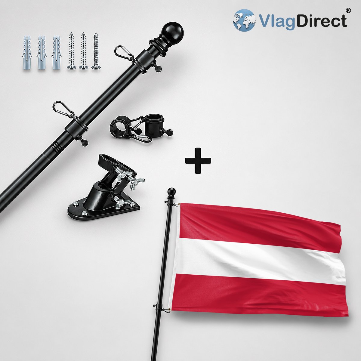 VlagDirect - Compleet vlaggenpakket - Zwarte vlaggenstok inclusief vlaggenstokhouder + Oostenrijkse vlag - Oostenrijk vlag - 90 x 150 cm.