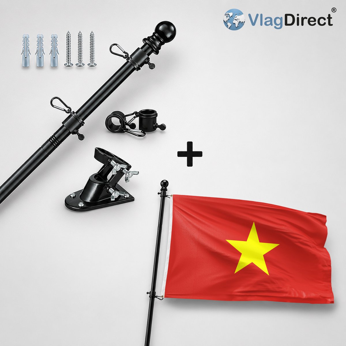 VlagDirect - Compleet vlaggenpakket - Zwarte vlaggenstok inclusief vlaggenstokhouder + Vietnamese vlag - Vietnam vlag - 90 x 150 cm