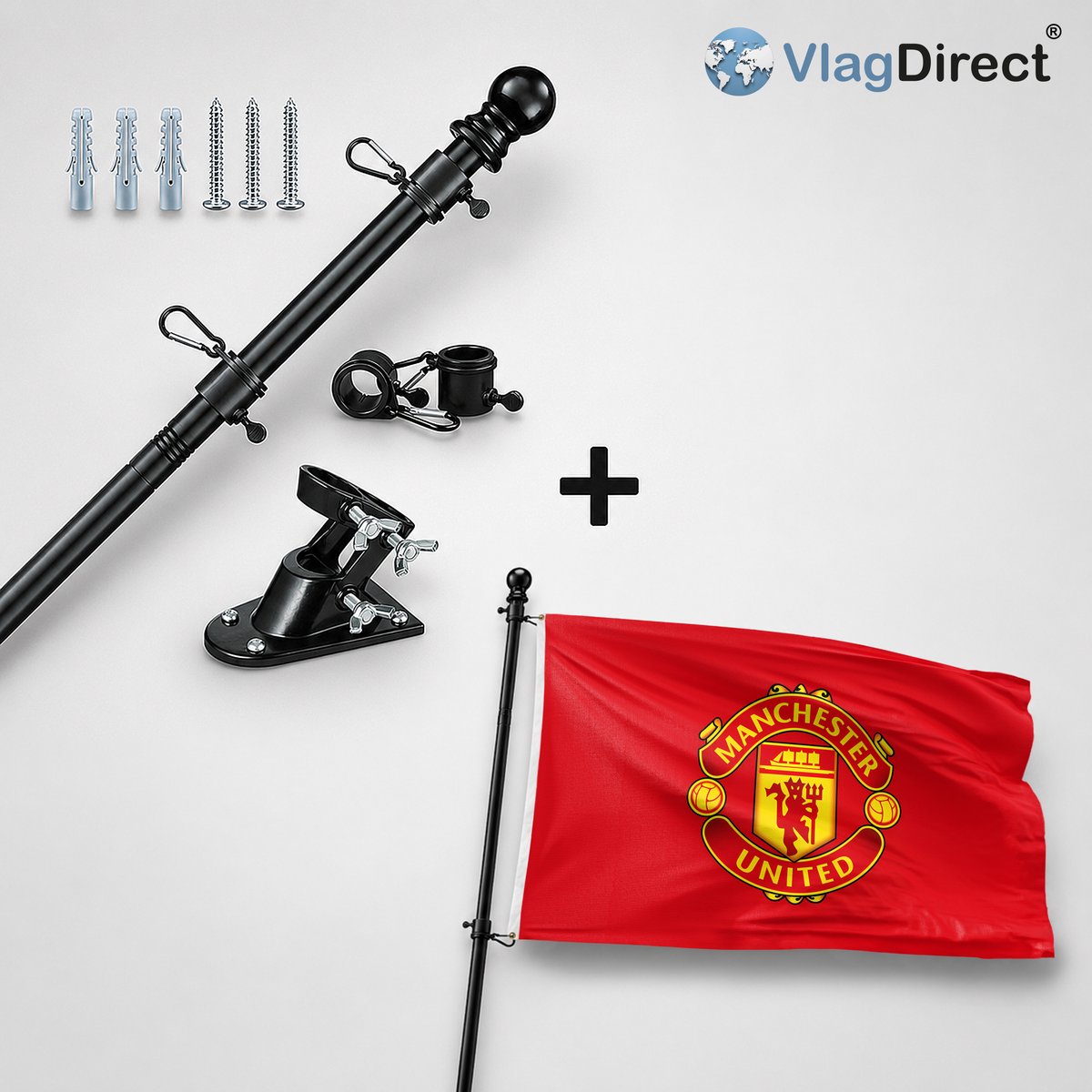 VlagDirect - Compleet vlaggenpakket - Zwarte vlaggenstok inclusief vlaggenstokhouder + Man United vlag - Manchester United vlag - 90 x 150 cm.