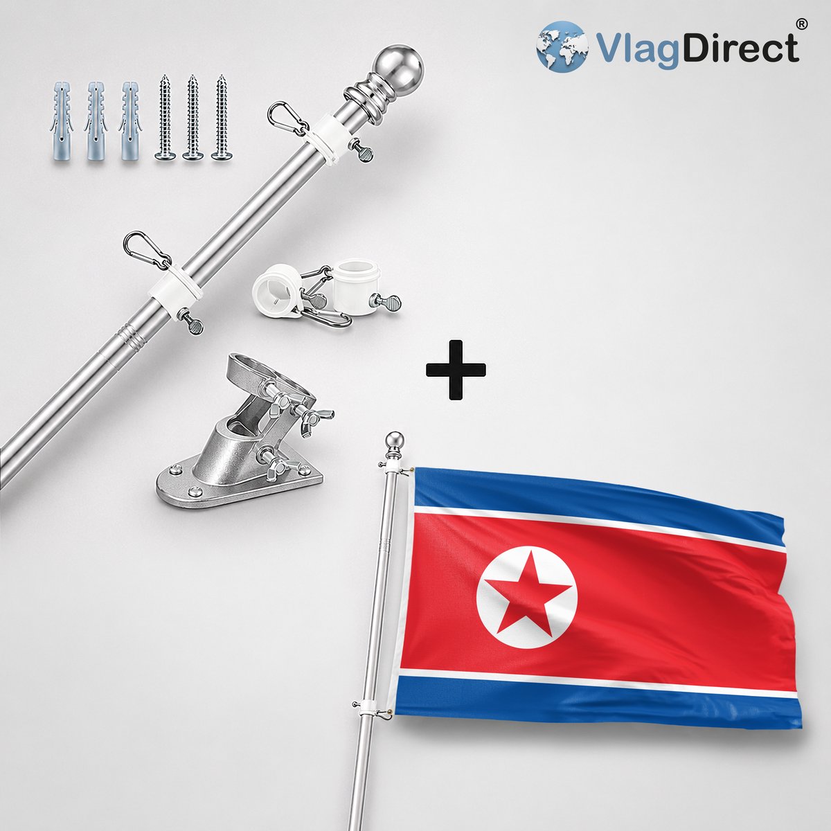 VlagDirect - Compleet vlaggenpakket - Zilveren vlaggenstok inclusief vlaggenstokhouder + Noord-Koreaanse vlag - Noord-Korea vlag - 90 x 150 cm