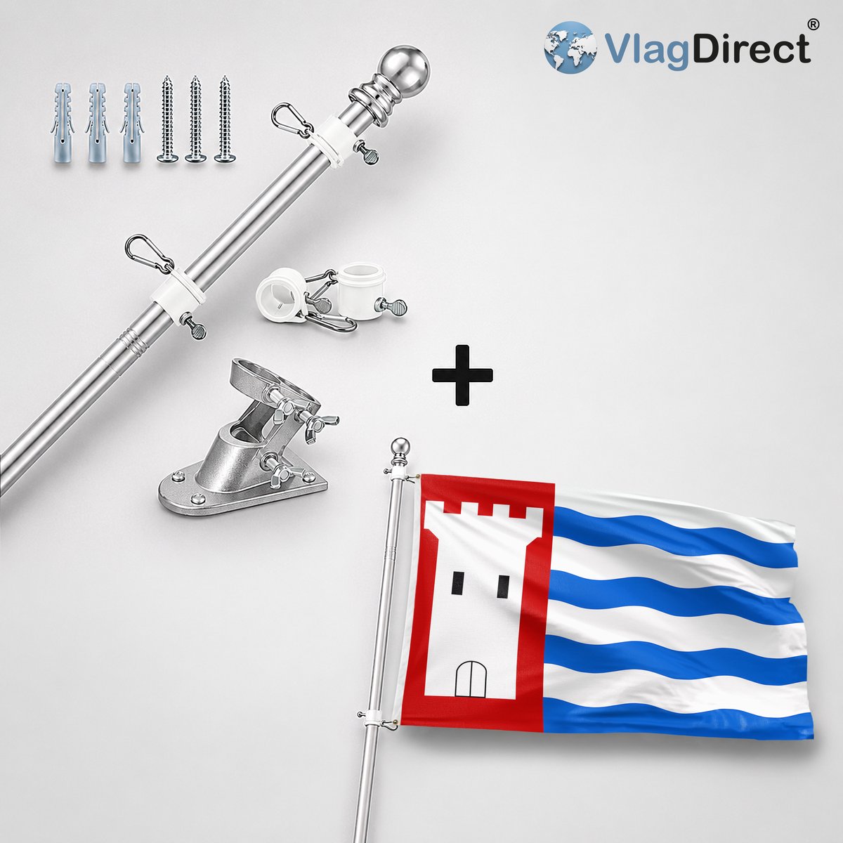 VlagDirect - Compleet vlaggenpakket - Zilveren vlaggenstok inclusief vlaggenstokhouder + Nieuwegein vlag - Gemeente Nieuwegein vlag - 90 x 150 cm.