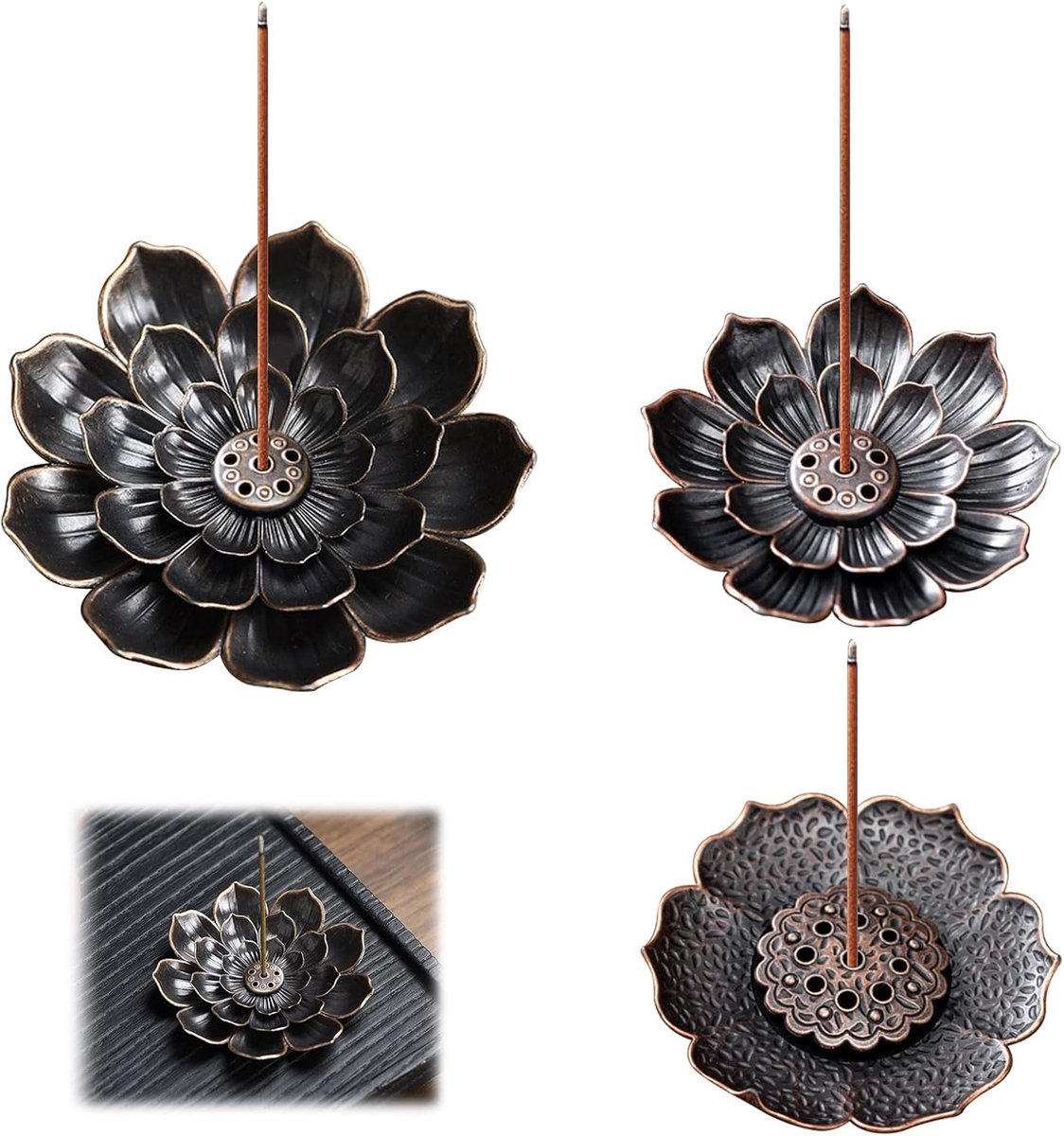 3 Pcs Lotus Incense Stick Holder Set Alloy 5/6/9 Holes Incense Burner with Removable Ash Catcher for Incense Cones - ShopVlot