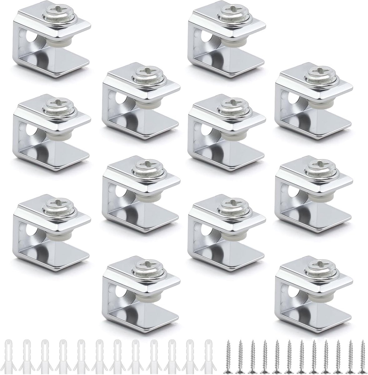 12 stuks glashouders, vierkant, klein, zinklegering, glazen plankdragers, verstelbare glazen plankhouder, wandmontage - ShopVlot