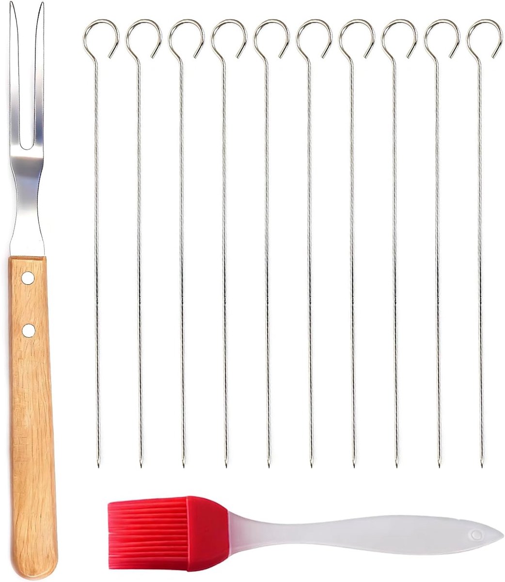 1 piece BBQ set, 1 piece meat fork, 10 pieces round skewer with hook, 1 silicone oil brush, wooden handle, stainless - ShopVlot
