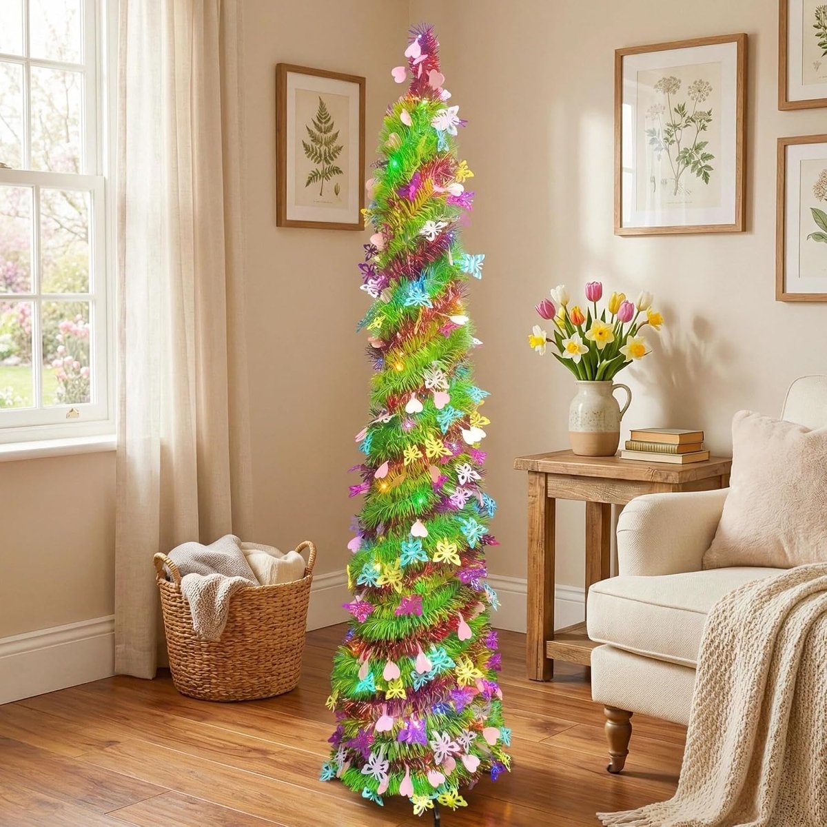 Grote 5FT Lente Decoratie Boom met 5M Kleurrijke Fairy Lights Sprankelende Klatergoud Vlinders Harten Perfect voor - ShopVlot