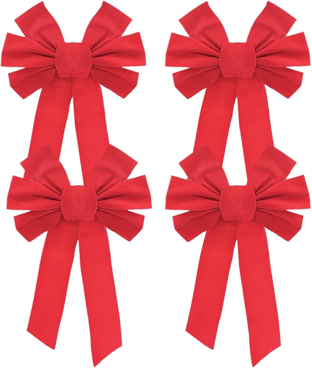 4pcs Red Christmas Bows,Velvet Door Bow, 20x40cm Large Outdoor Christmas Decorations Reusable, for Festival Home - ShopVlot
