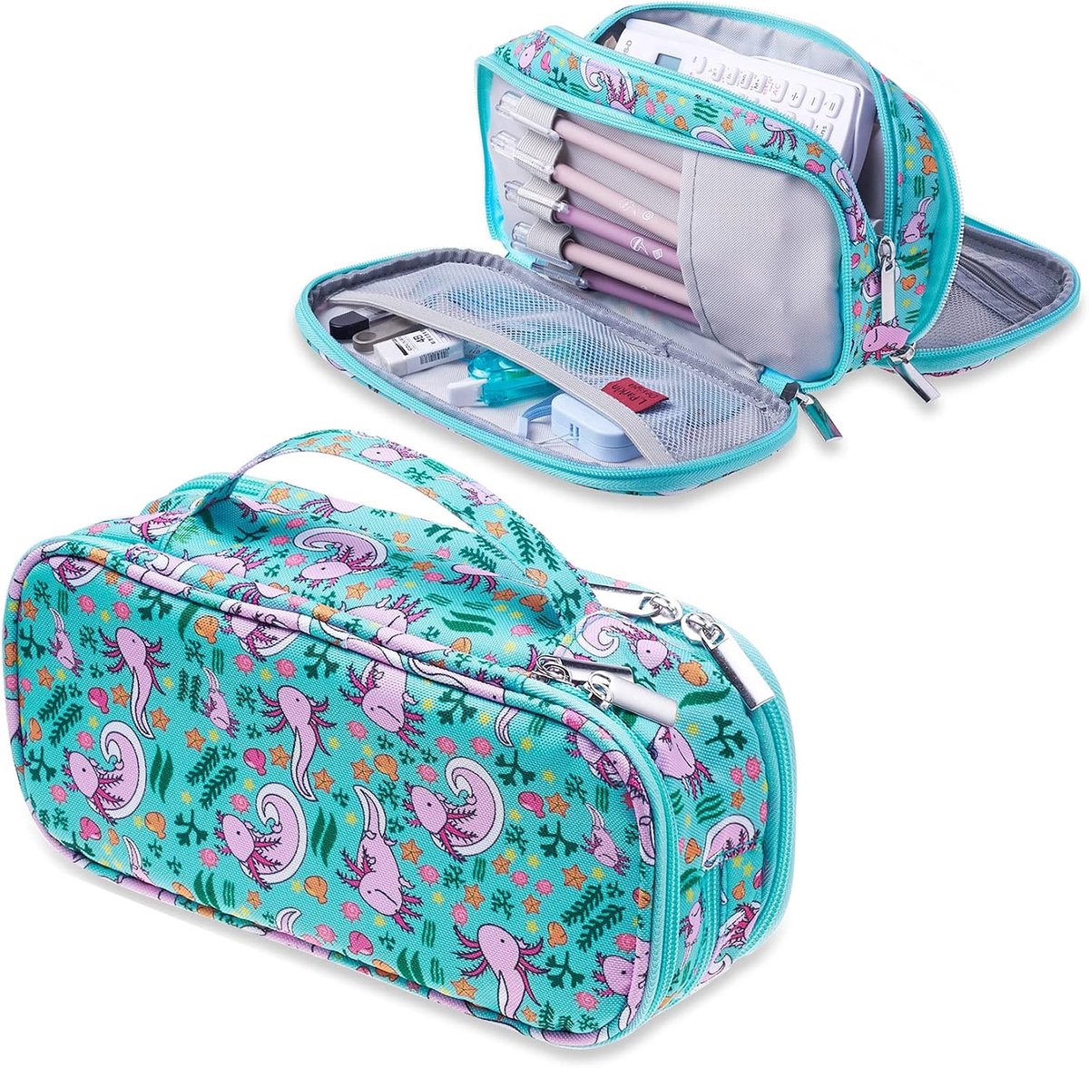 LParkin Axolotl Axolotl Fabric Pencil Case, Blue, 20.5 x 10 x 3 cm, Beauty Kit, Axolotl Blue, 9.5" x 4.5" x 3", Beauty - ShopVlot