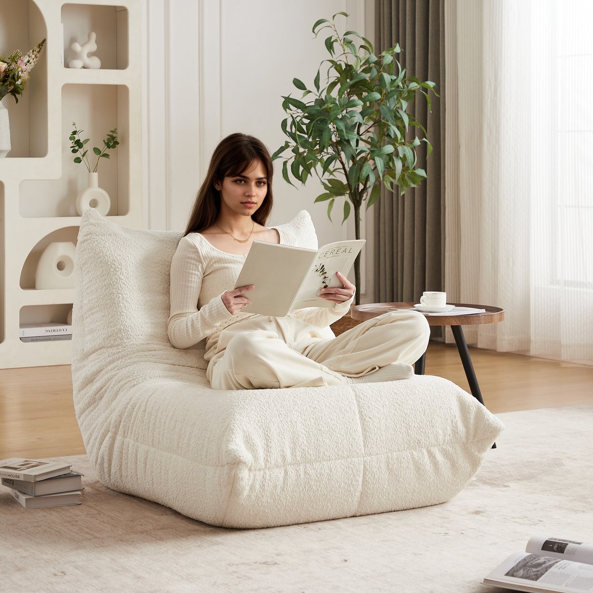 OKWISH Fauteuil - Beige Chenille Vloerstoel Zonder Armleuningen - Hoogelastisch Schuim - Voor Woonkamer, Slaapkamer of Speelkamer