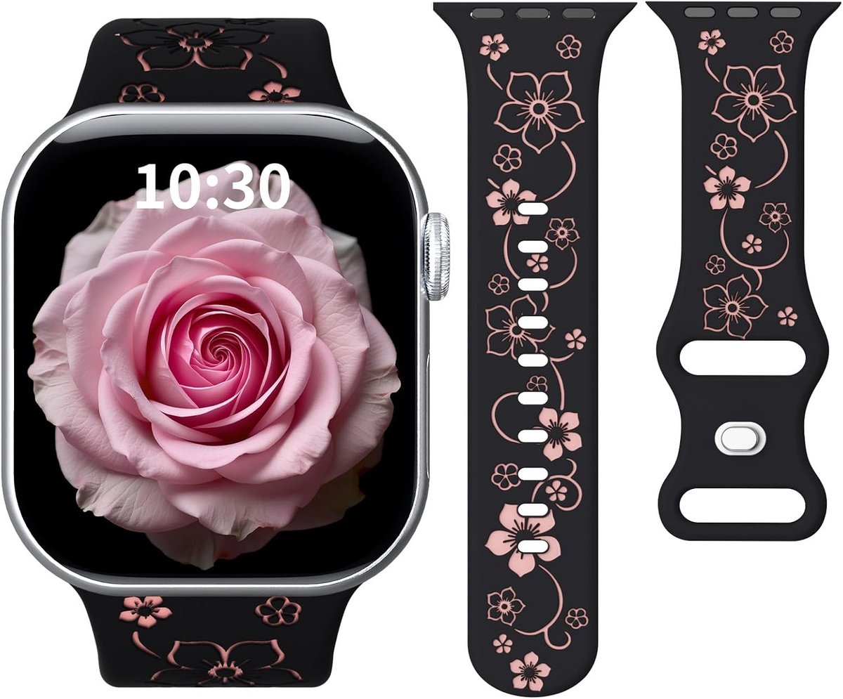 Horlogeband voor Apple Watch 38mm 40mm 41mm 42mm 44mm 45mm 49mm - Zacht silicone - Gegraveerd bloemenpatroon - ShopVlot