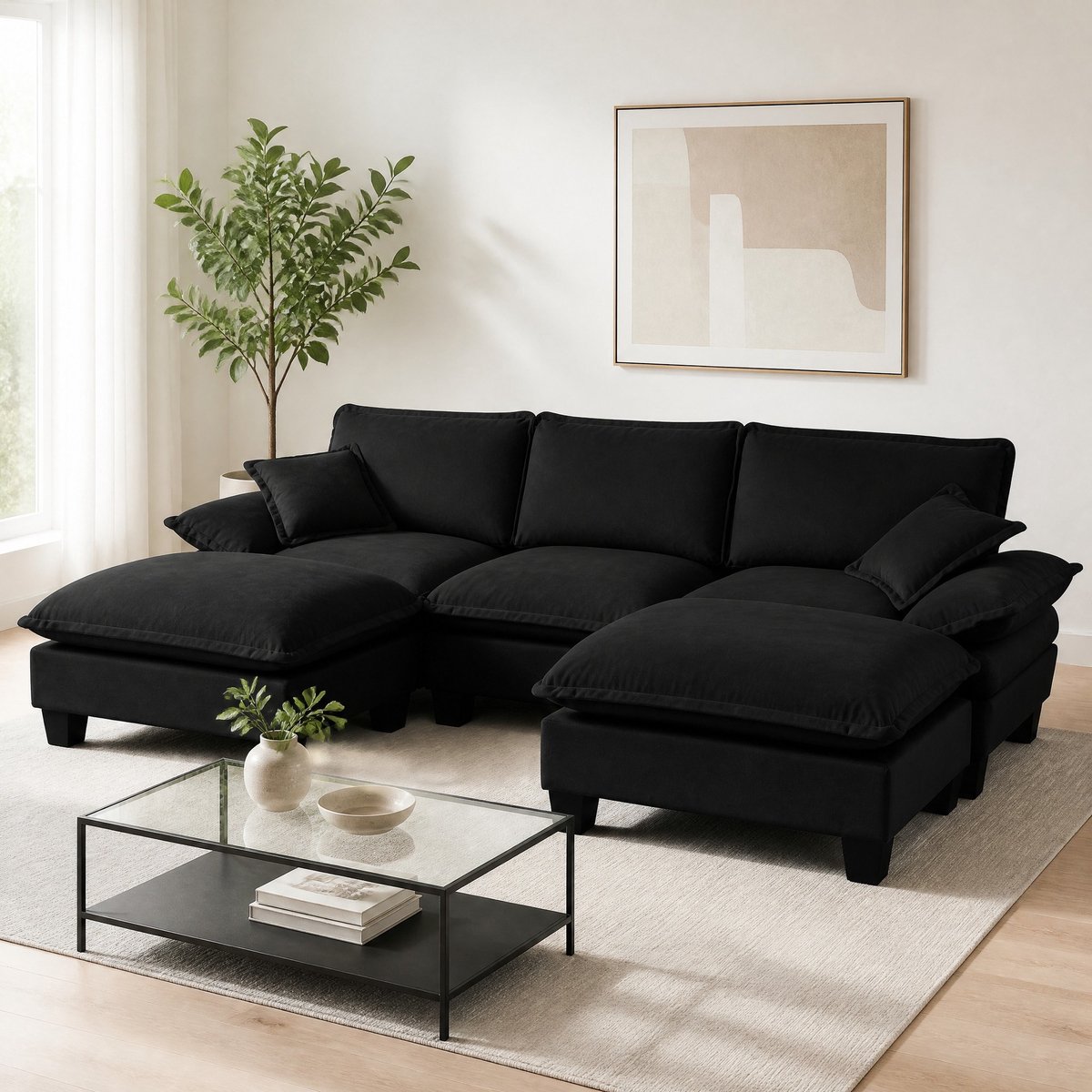 DESMIU Bank - U Bank 5 Zits - Modulaire Cloud Bank Met Verplaatsbare Ottomanen En Kussens - Voor Woonkamer En Appartement - Chenille - Zwart