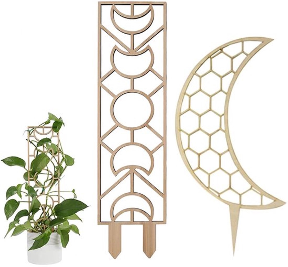 2 Stuks Houten Rooster voor Klimplanten Decoratief Binnen Maanraam Maan Bijt 30 cm Natuur