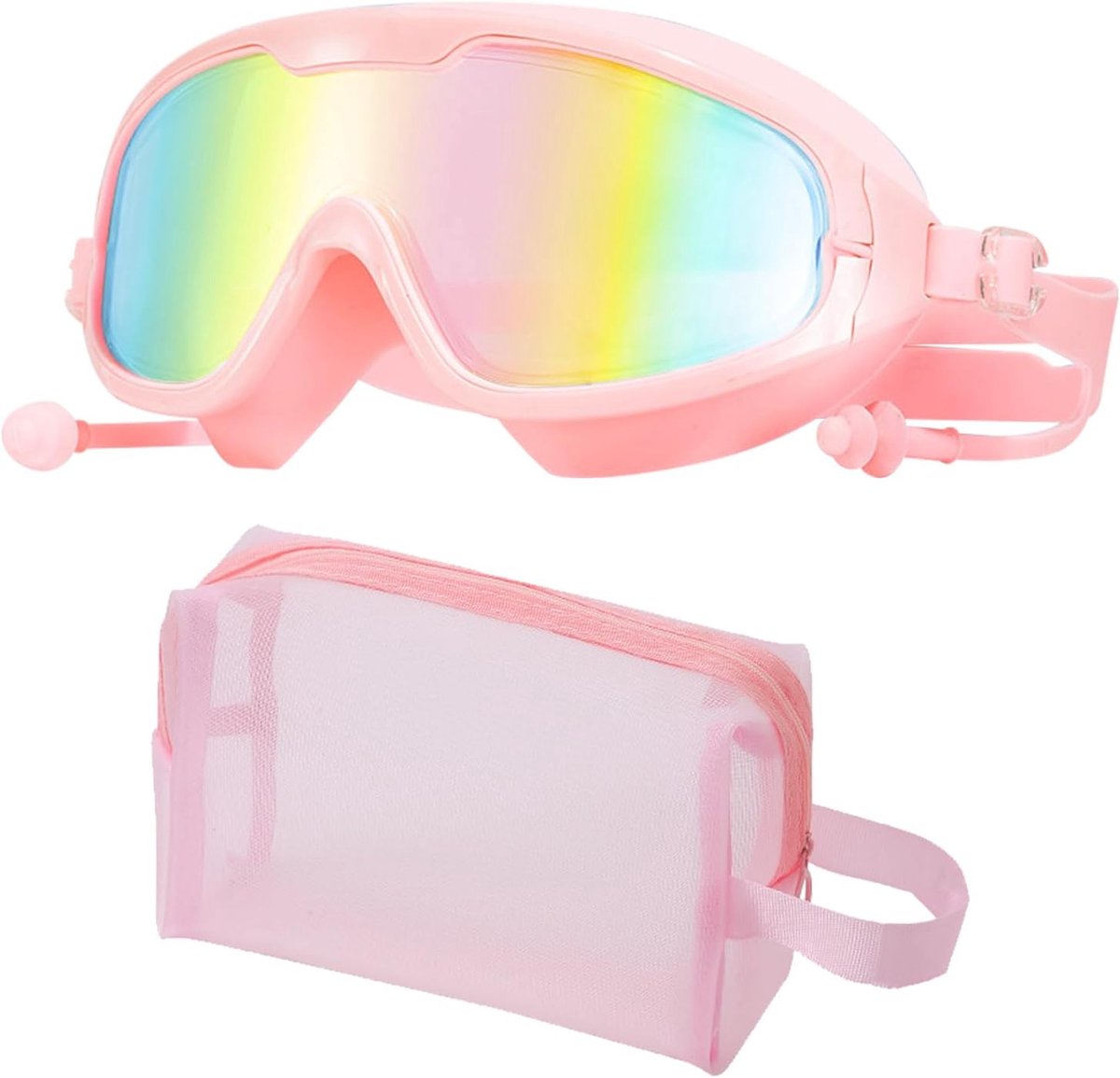 Zwembril set roze - transparante mesh toilettas - breed zicht - anti-condens en oordopjes - ShopVlot