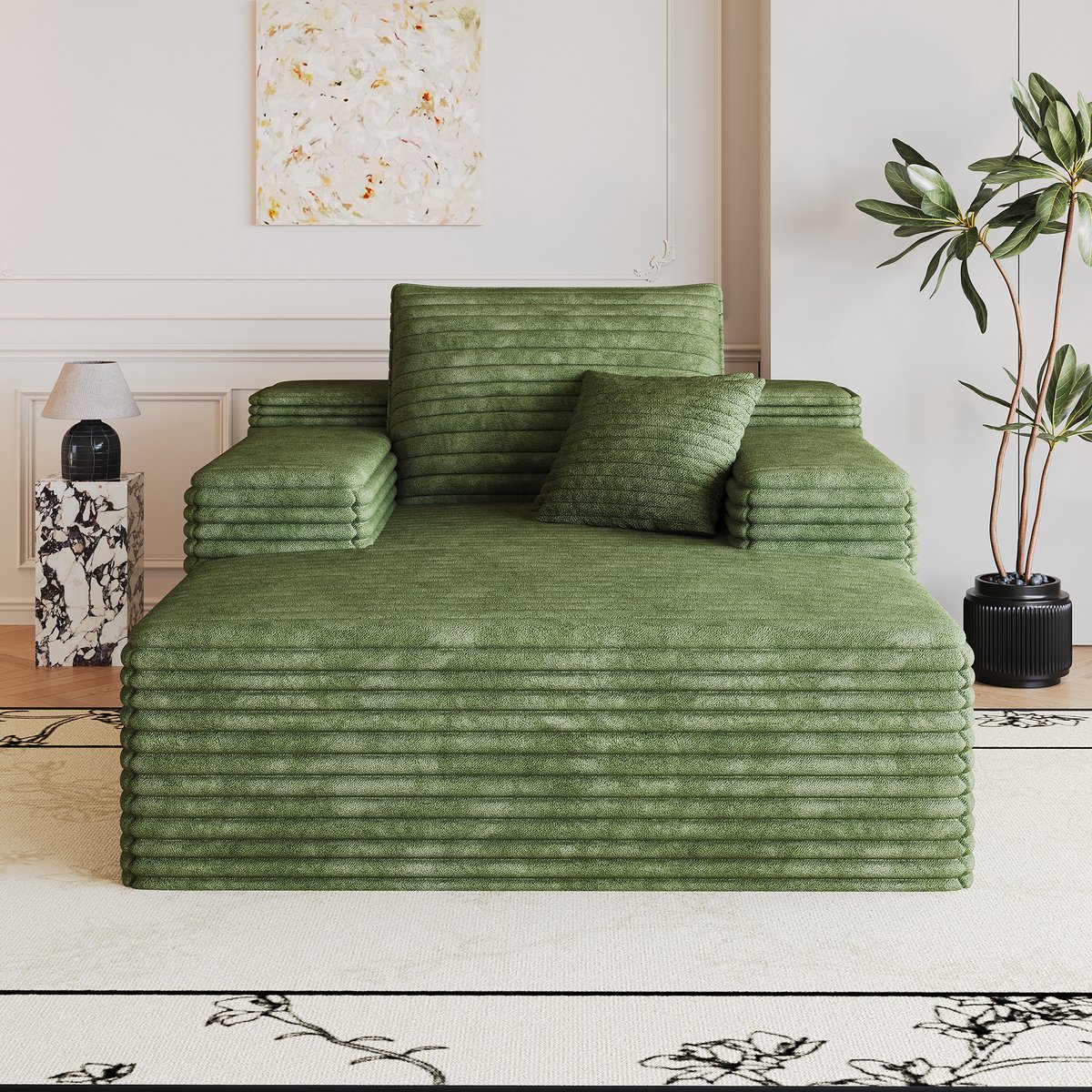 OKWISH Chaise Longue 115 x 159 Cm - Boneless Modulaire Bank Zonder Montage - Met Hoge Veerkracht Schuim En Diepe Zit - Voor Woonkamer, Slaapkamer En Appartement - Ribstof - Groen