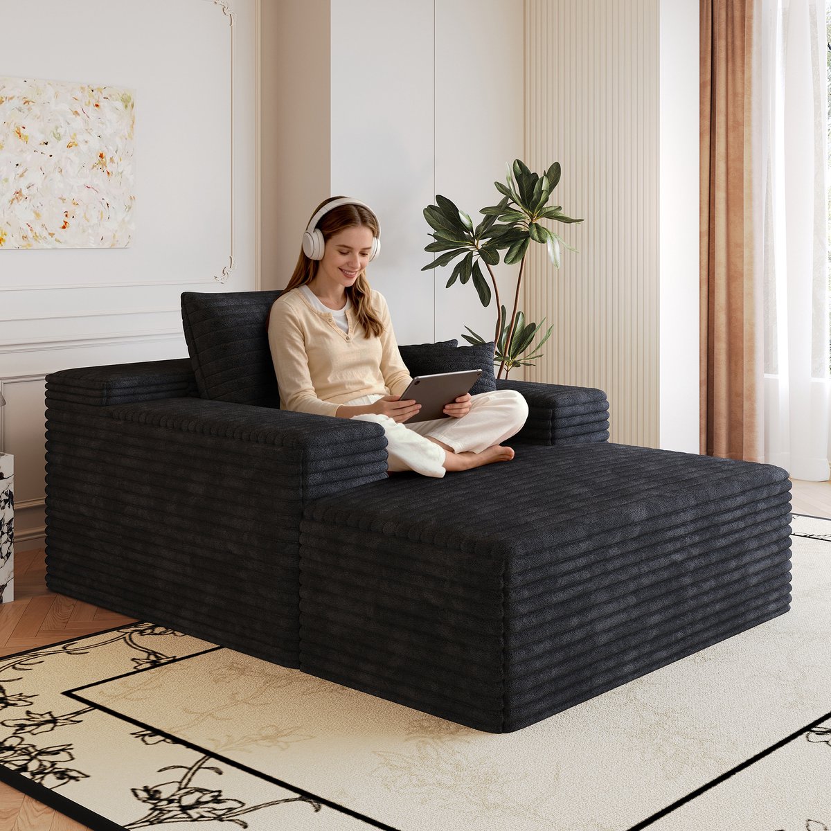 OKWISH Chaise Longue 1-Zits 115 X 159 Cm – Zonder Montage, Met Hoogelastische Schuimvulling En Ribstof – Voor Woonkamer En Slaapkamer – Black
