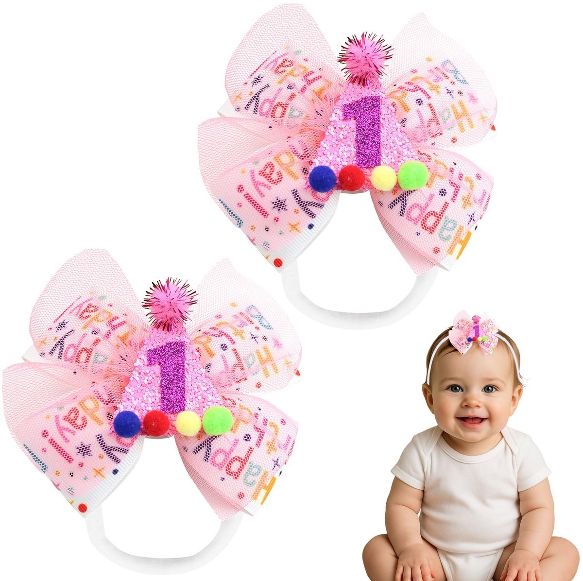 Solidchoice - Set van 2 Verjaardags Haarstrikken voor Baby Meisjes