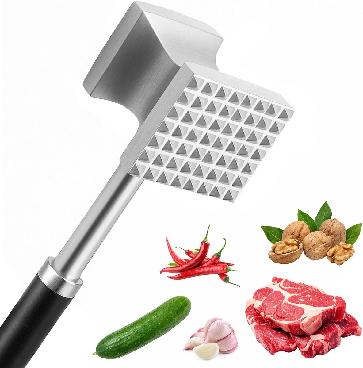 Professional meat hammer 27 cm made of stainless steel – double-sided hammer with smooth/serrated surface, non-slip - ShopVlot