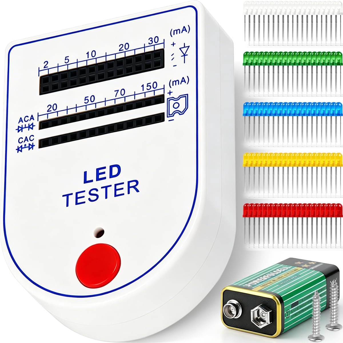 Led-testbox, 2-150 mA, mini-testapparaat voor led-diodes, lichtdiode met 9V-batterij, 100 stuks 5 mm L-ED-lampen, wit - ShopVlot