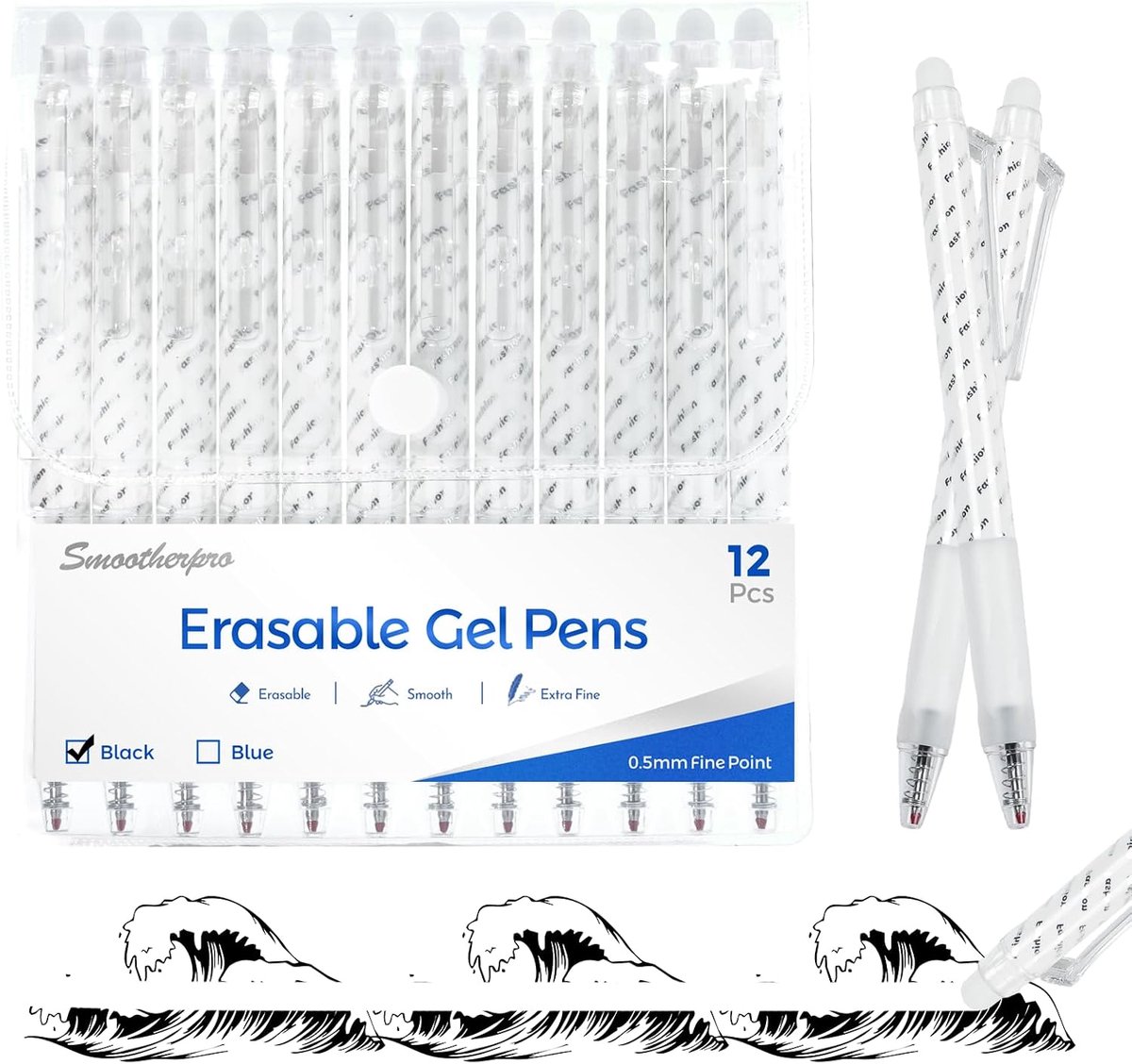 SMOOTHERPRO Erasable Pens Black - 12 Pieces Rub Out Biros - 0.5mm Fine Point Friction Pen with Rubber on End - ShopVlot