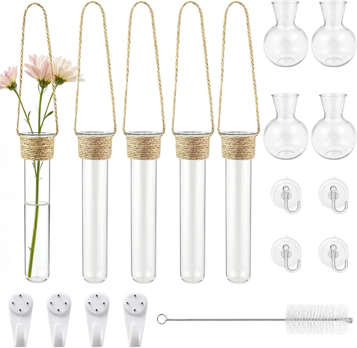 4 stuks GZLCEU reageerbuizen voor bloemen en 4 stuks wandvazen zuignap hangende vazen glazen wandvazen glazen set voor - ShopVlot
