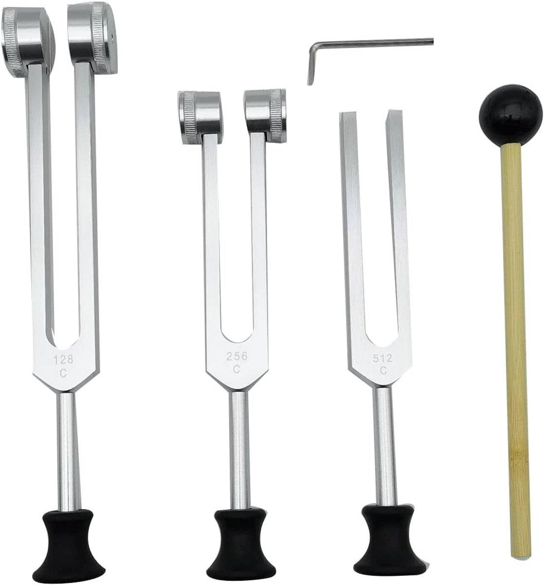 Set of 4 Tuning Forks (128 Hz, 256 Hz, 512 Hz) with Tuning Fork Hammer for Music, Yoga and Meditation, Silver - ShopVlot