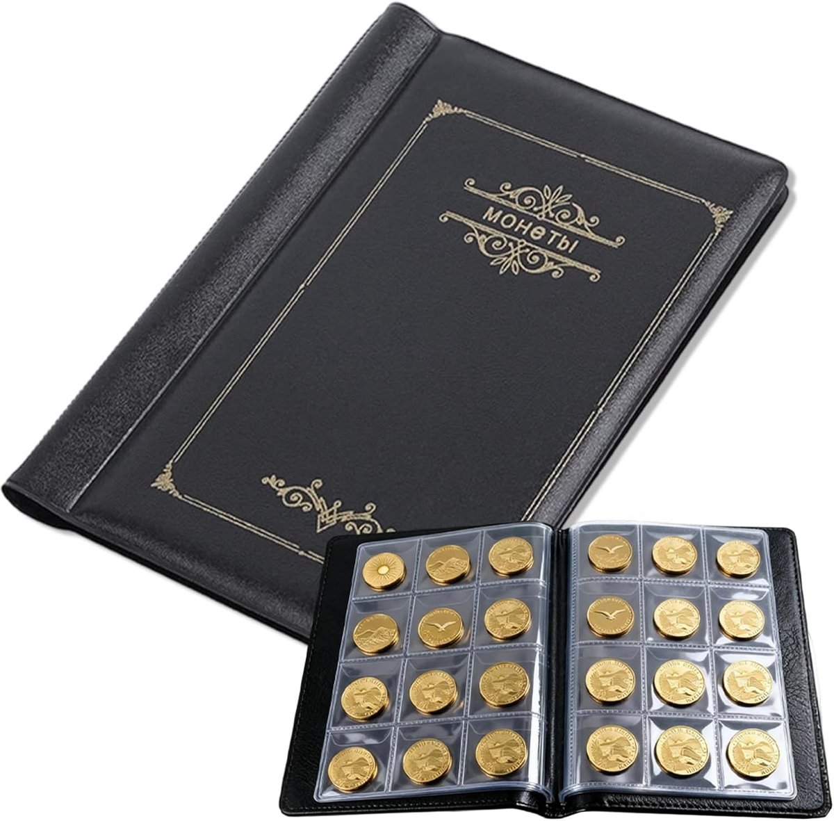 Muntenalbum, 120 vakken, zwart, verzamelboek voor munten van 2 euro, medailles en speelstenen, 11,5 x 15,5 cm - ShopVlot