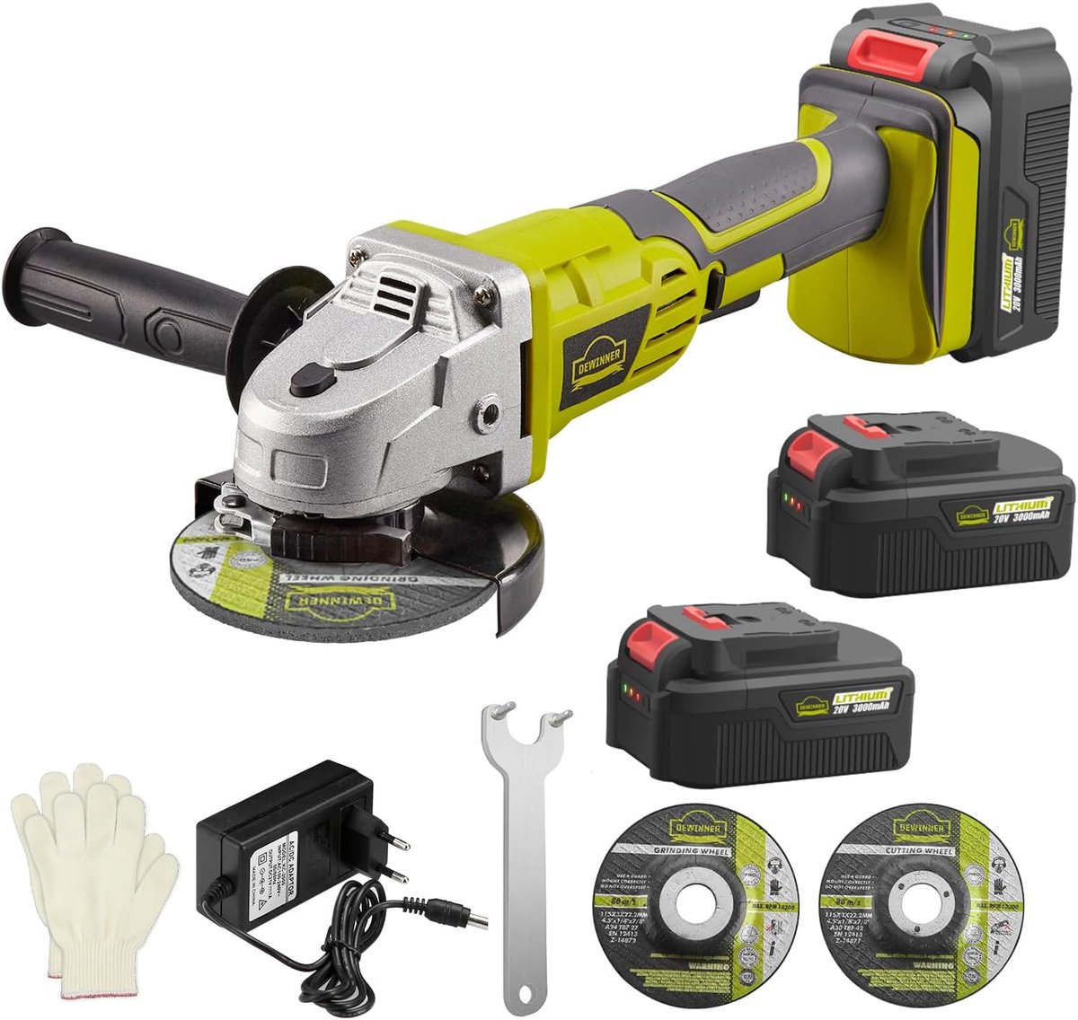 DEWINNER Cordless angle grinder, 115 mm, 2 x 3 Ah batteries, auxiliary handle, quick release, quick charger, 2 - ShopVlot