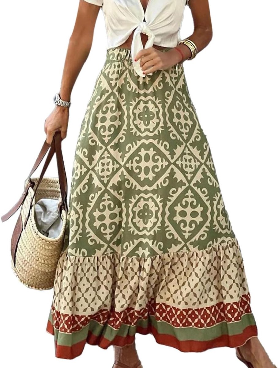 Women's Boho Skirt Long Printed High Waist Elastic Floral Skirt Long Summer Casual Beach Dress Green S-XL - ShopVlot