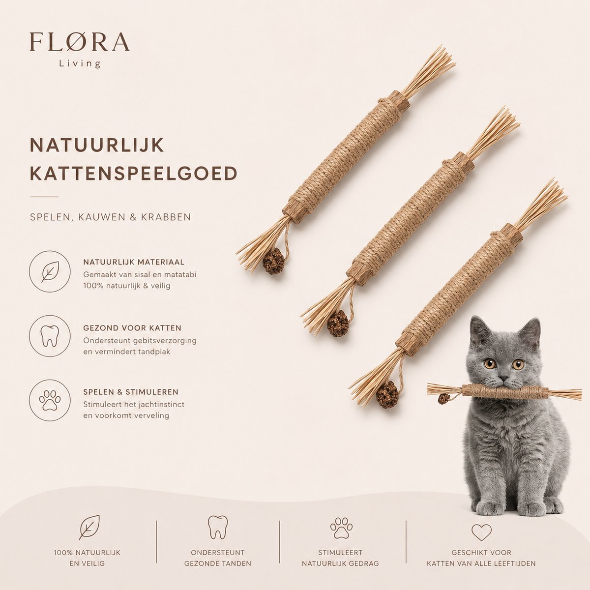 FLØRA Living Silvervine Kauwstokjes voor Katten – 3 Stuks – Natuurlijke Catnip Chew Sticks – Kattenspeelgoed voor Tandreiniging & Ontspanning – Geschikt voor Kitten
