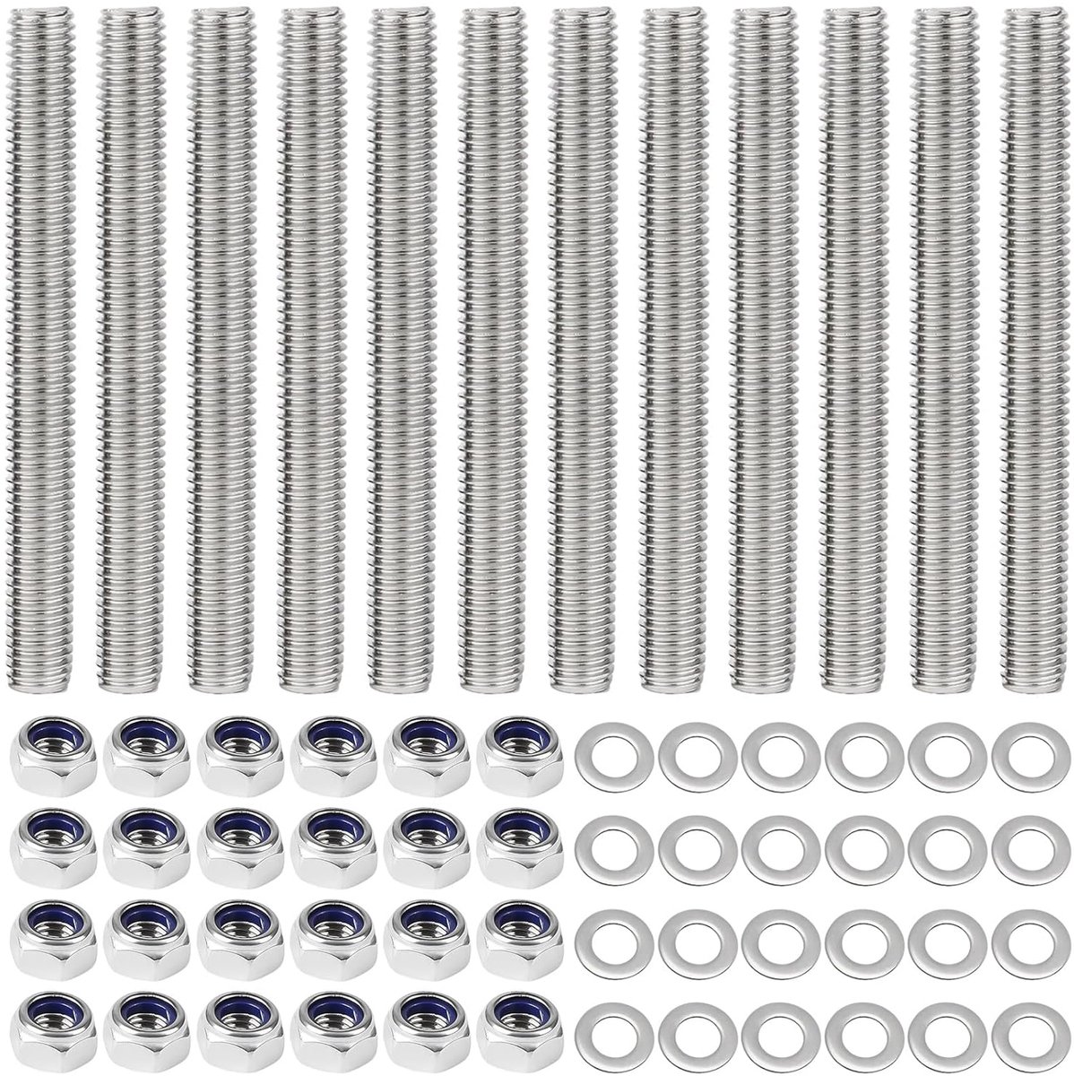 Pack of 12 M8 Threaded Rods, 304 Stainless Steel, Threaded Rod M8 x 100 mm with 24 Hex Nuts and 24 Washers for - ShopVlot