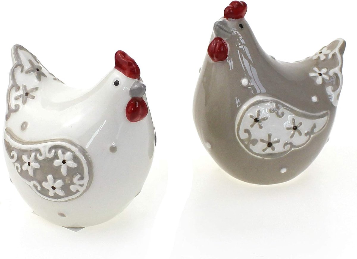 Set of 2 Chickens Sitting in a Set of 2 Ceramic White Brown Red Chicken Decoration Figure for Spring Summer Easter - ShopVlot