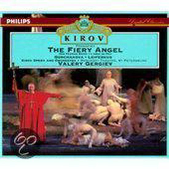 Kirov Opera: The Fiery Angel, met Valery Gergiev en Gorchakova. Een rode figuur links dirigeert een chaotische scène.