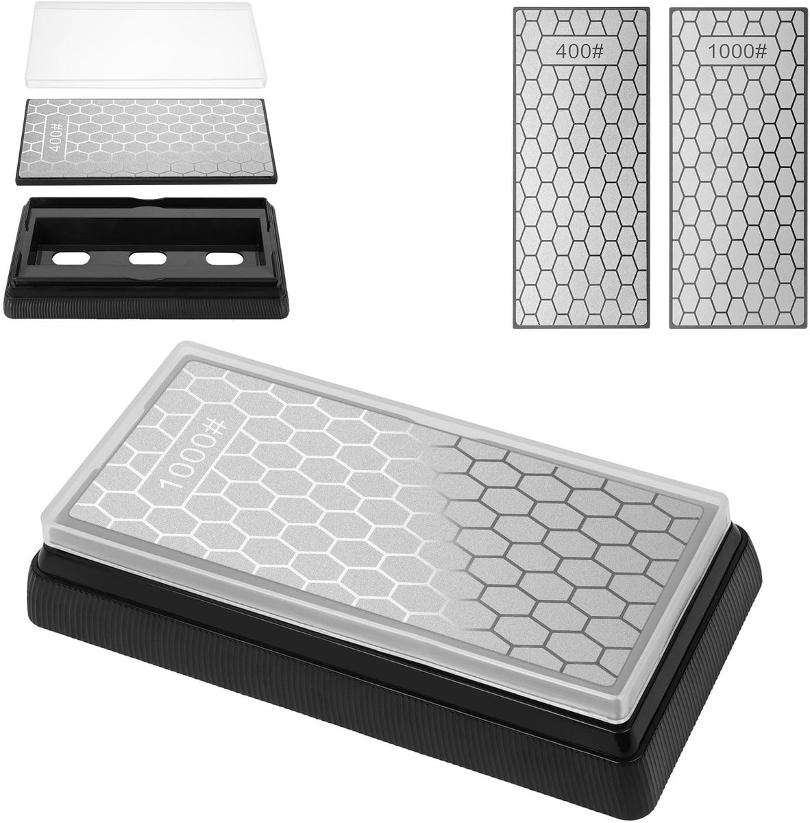 Diamant Slijpsteen Set - Dubbelzijdige Messenslijper 400/1000 Korrel - Antislip Whetstone Houder voor Keuken- en Tuinmessen