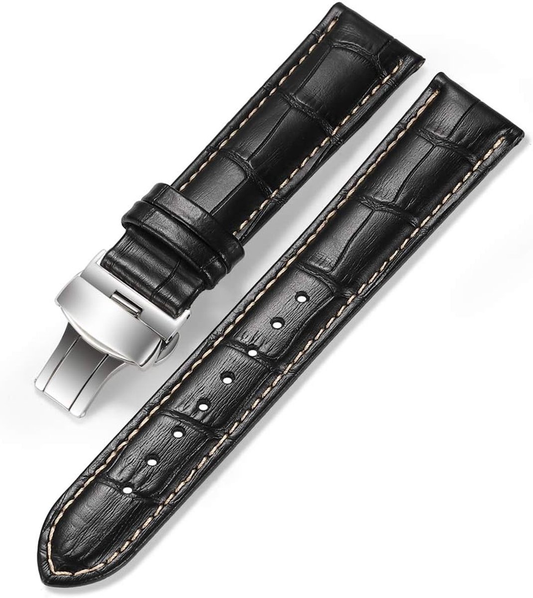 iStrap Leather Watch Strap - Alligator Grain Embossed Pattern Calfskin Replacement Strap-Stainless Steel Deployment - ShopVlot