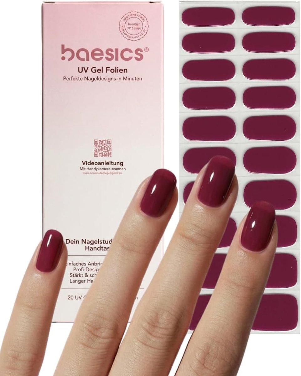Baesics Nocturnal Berry Nagelfolie, uv-gelstrips, semi-gekruld, 20 strips, 10 maten, uv-hardend en zelfklevend, zachte - ShopVlot