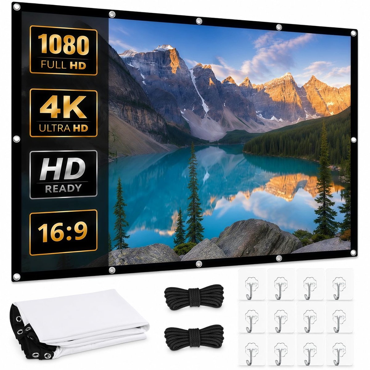 Canvas-projector, 120 inch, 16:9, HD, opvouwbaar, draagbare projector, canvas, ophangen, dubbelzijdige projectie - ShopVlot