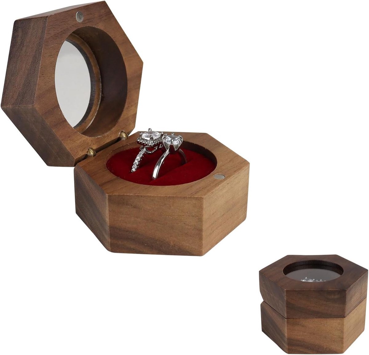 Ringdoos bruiloft van walnoothout, fluweel beklede verlovingsringdoos met kijkvenster, ringdoos bruiloft met - ShopVlot
