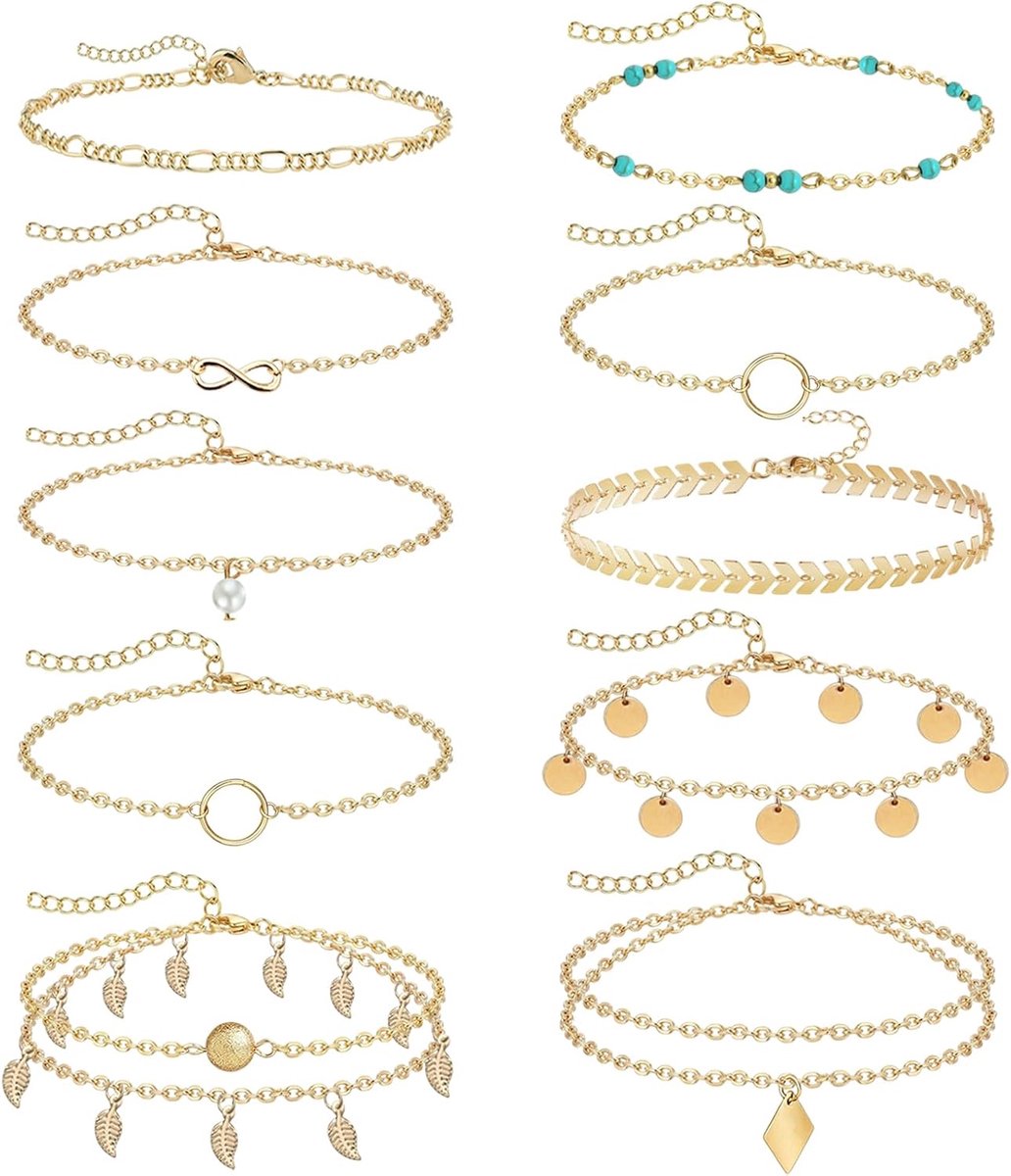 12 stuks gouden enkelketting dames verstelbaar stapelbare armbanden set strand enkelketting - ShopVlot