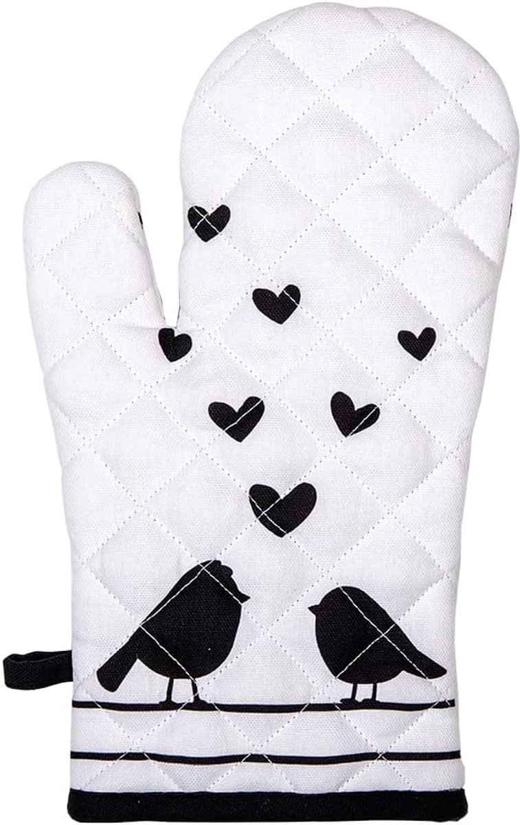 Clayre & Eef Oven Mitt 18x30cm White Black Cotton Hearts Birds Oven Glove - ShopVlot