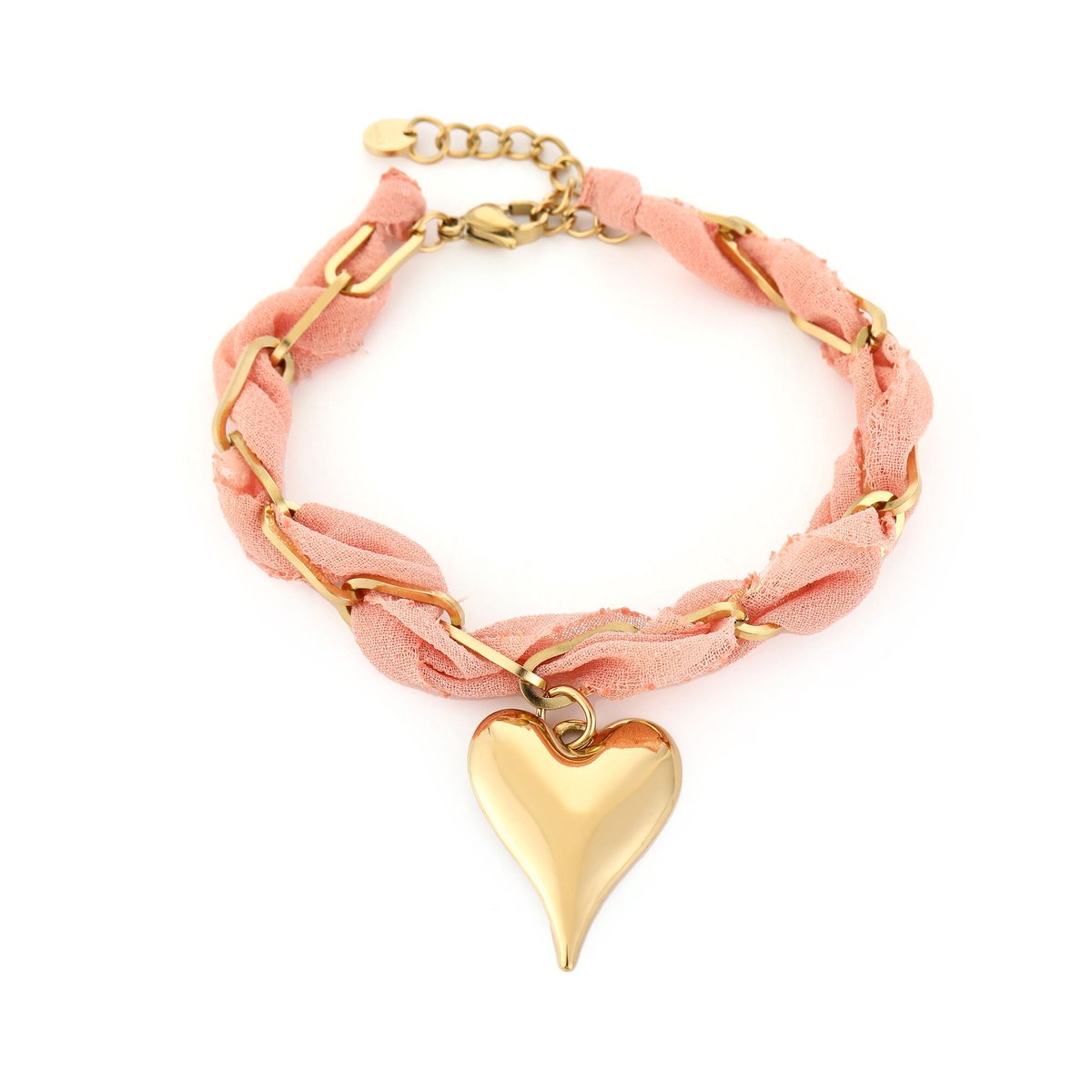 Matthew Studio® Armband Dames - Hartjes Armband - Goudkleurig - Lichtroze Stoffen Band - Bedelarmband - RVS